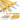 Set of yellow metal chisels with silver cutting edges on a white background, featuring text about CR-V material and design features.