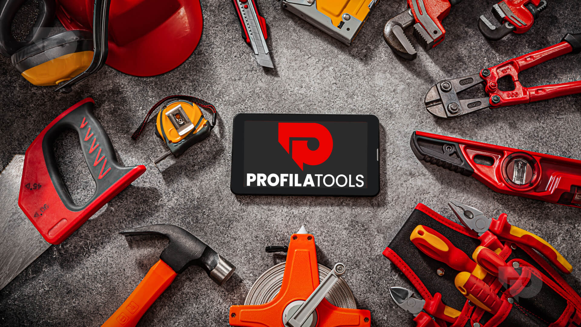 Assorted red and yellow hand tools, including a hammer, saw, tape measure, pliers, and wrenches, arranged around a tablet displaying the Profila Tools logo on a textured gray surface.