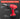 Red electric drill with labeled parts on a black background