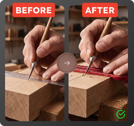 Before and after comparison of a person using a tool on wooden blocks.