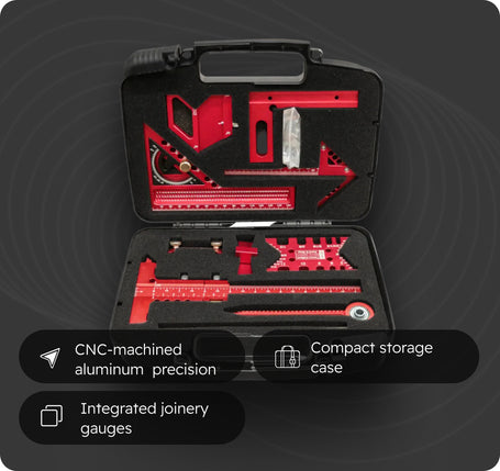 Set of red tools in a black storage case on a dark background