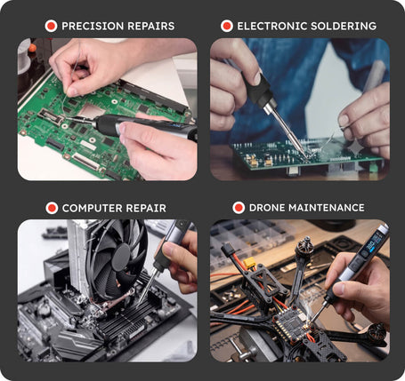 A 2x2 promotional collage showing repair services: precision repairs with a microscopes and soldering tools on a circuit board, electronic soldering with a soldering iron, computer repair with a CPU cooler, and drone maintenance with a drone frame and diagnostic tool.