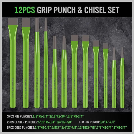 12-piece grip punch and chisel set with green tools on a dark background