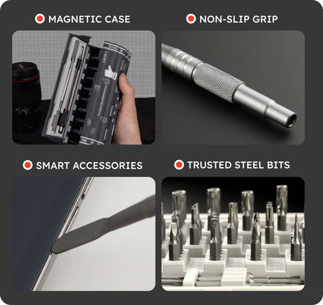 Set of screwdriver bits with magnetic case, non-slip grip, smart accessories, and trusted steel bits on a black background.