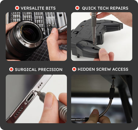 Collage of hands using tools with text labels on a gray background