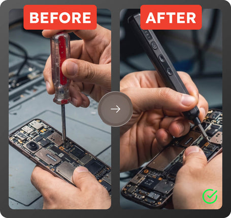 Before and after comparison of a person repairing a smartphone with a screwdriver.