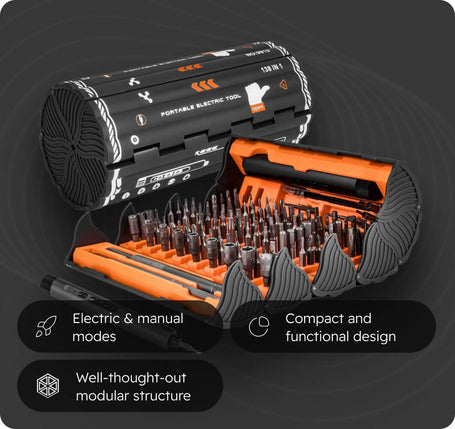 Portable electric tool set with various bits and attachments on a dark background