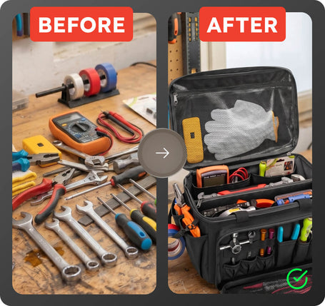 Before and after comparison of tools on a table and in a black tool organizer.