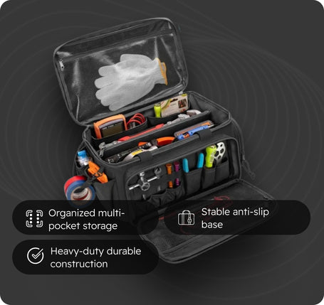 Open tool bag with organized compartments on a dark background