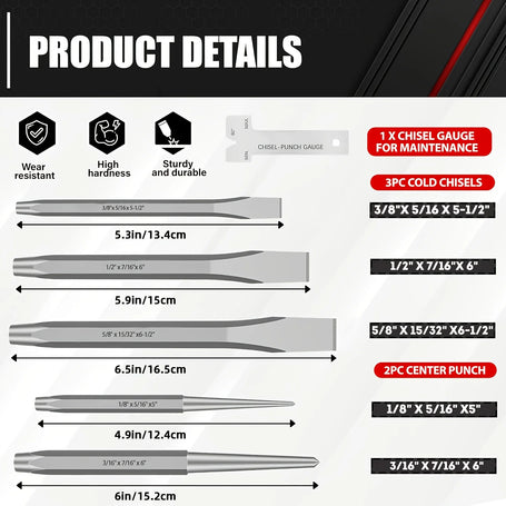 16-piece punch & chisel set with dimensions and features on a white background