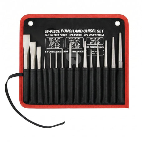 16-piece punch and chisel set in a red and black case on a white background.