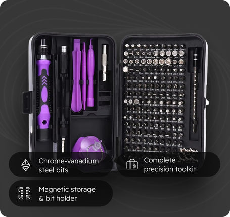 Precision toolkit with various bits and tools on a dark background