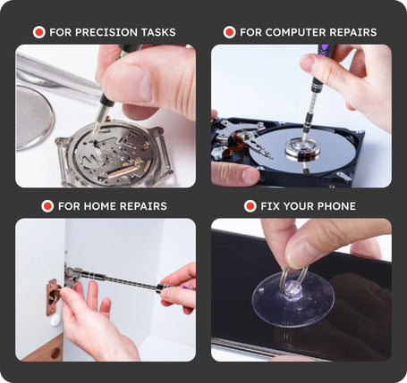 Collage of hands using tools for various repair tasks including watch, computer hard drive, home repairs, and phone screen.