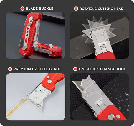 Multifunctional knife with blade buckle, rotating cutting head, premium D2 steel blade, and one-click change tool on a dark background.