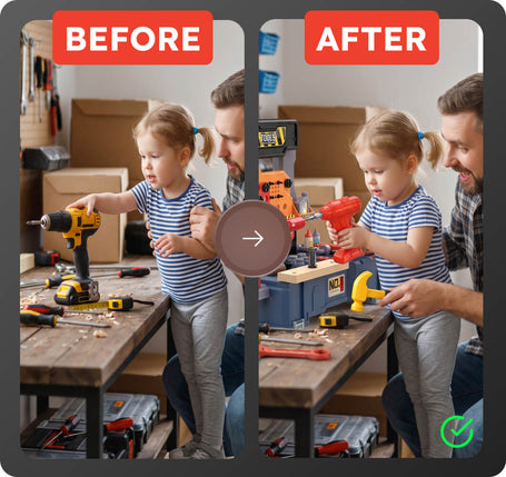 Playing with toy toolset before and after