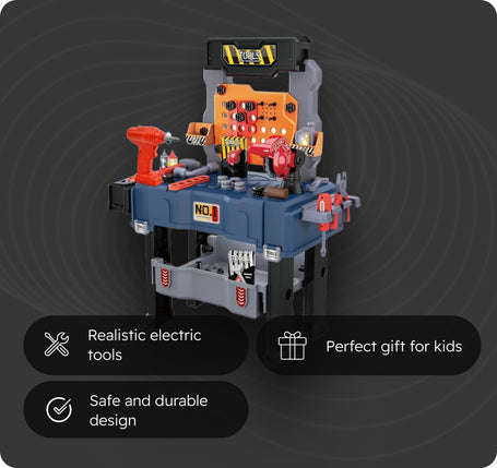A kids' toy workshop playset with an orange control panel, blue workbench base, and various toy tools including a red drill and hammer. The image includes three black text banners at the bottom highlighting product features: 'Realistic electric tools', 'Safe and durable design', and 'Perfect gift for kids'.