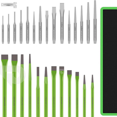 28-piece punch and chisel set with packaging on a white background