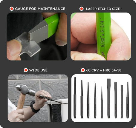 Collage of a tool being used, close-up of measurement, usage scenario, and tool specifications on a black background.