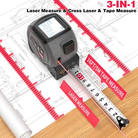 3-in-1 laser measure, cross laser, and tape measure on a blueprint background