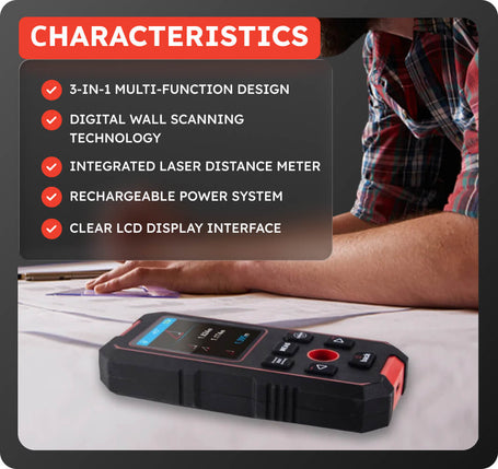 Laser distance meter with features listed on a dark background