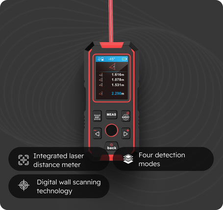 Red and black laser distance meter on a dark background with text highlighting features.