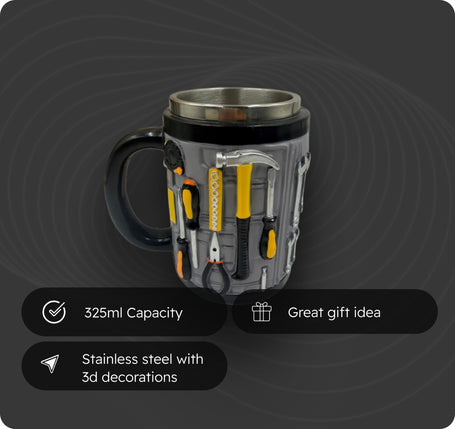 A 325ml stainless steel mug with a black handle and rim, decorated with 3D tools like a hammer, screwdriver, and pliers. The mug is set against a dark gray background with a circular wave pattern and three black feature callout banners at the bottom.
