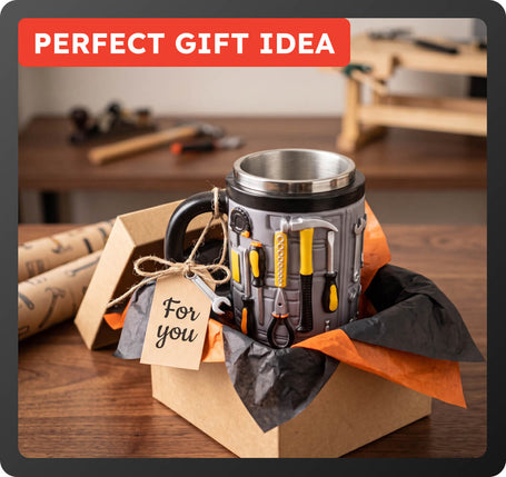 A novelty mug designed to look like a gray tool chest with hanging tools, presented in a gift box with tissue paper and a 'For you' tag. The image is framed with a dark border and a red banner at the top that reads 'PERFECT GIFT IDEA'.