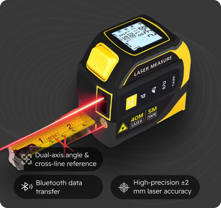 Digital laser measure with red laser beam on a dark background