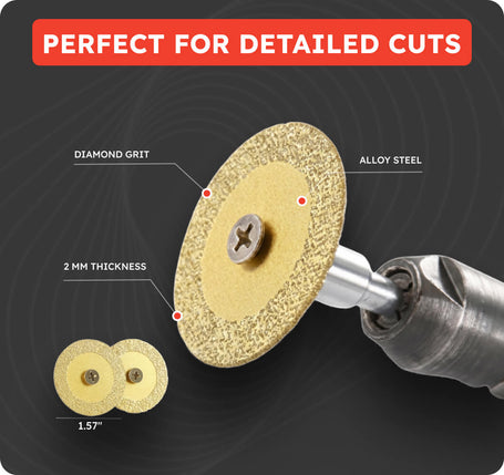 A diamond grit and alloy steel rotary wire wheel disc shown mounted on a drill attachment, with text labels reading 'DIAMOND GRIT', 'ALLOY STEEL', and '2 MM THICKNESS'. A red banner at the top says 'PERFECT FOR DETAILED CUTS', and two smaller discs are shown at lower left with '1.