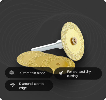 Four gold-colored diamond-coated circular cutting blades with silver metal shanks, displayed on a dark gray background with feature callouts.