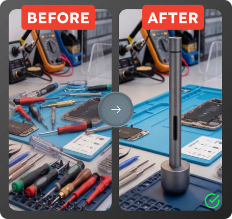 A before-and-after comparison graphic showing a smartphone repair setup. The left side, labeled BEFORE, shows a cluttered workbench with multimeters, screwdrivers, and tools.