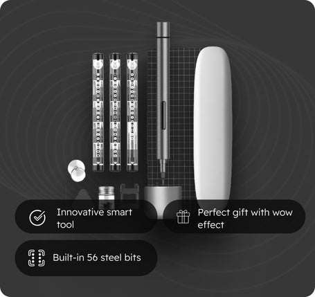 A pen-style smart tool set displayed on a dark gray background with feature callouts. The set includes a central metallic pen-like tool, three slim cylindrical components, a white curved accessory, small metal bits, and a round white piece.