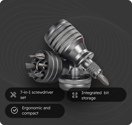 7-in-1 screwdriver set with integrated bit storage on a dark background