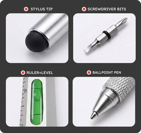 Multifunctional tool with stylus tip, screwdriver bits, ruler, and ballpoint pen on a black background.