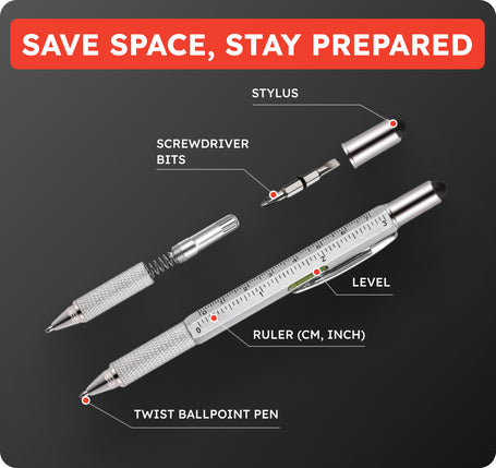 Multifunctional pen with stylus, screwdriver bits, level, ruler, and twist ballpoint pen on a black background with text 'Save Space, Stay Prepared'.