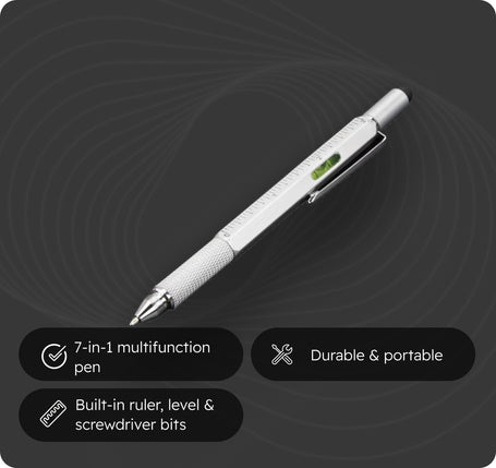 Multifunctional pen with built-in ruler, level, and screwdriver bits on a dark background