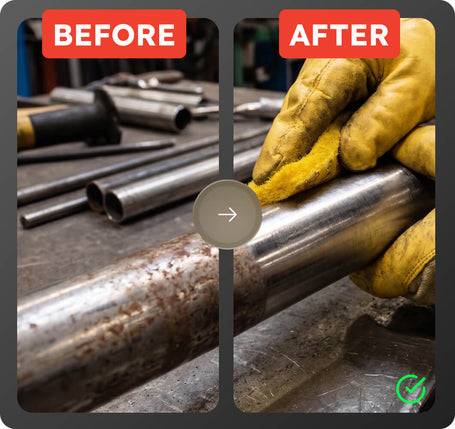 A split-screen comparison labeled BEFORE and AFTER showing a metal tube being cleaned or treated. The left side shows a rusty, dull metal tube on a workbench with tools in the background.