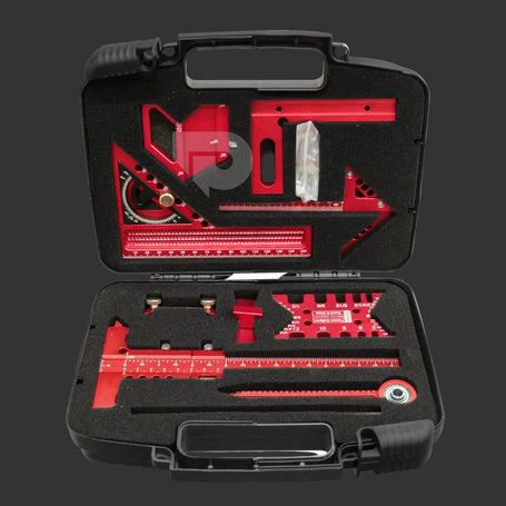 Open black tool case with red measuring tools on a white background.