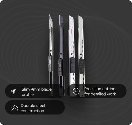 Set of four precision knife blades on a dark background with text describing features.