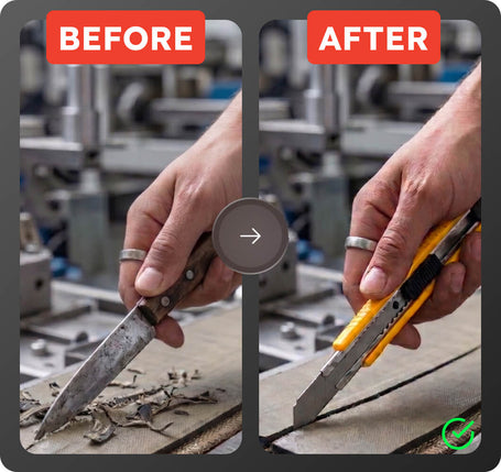 Before and after comparison of hands using a knife and a utility knife in a workshop setting.