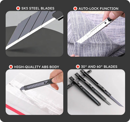 Collage of a knife with features highlighted on a black background