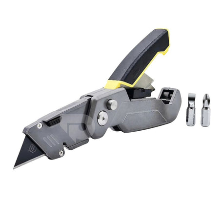 All-metal folding utility knife with quick-change blade and integrated screwdriver details.