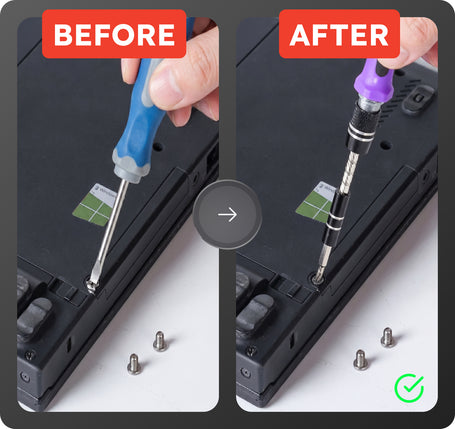 Before and after comparison of using a screwdriver to remove screws from a device.