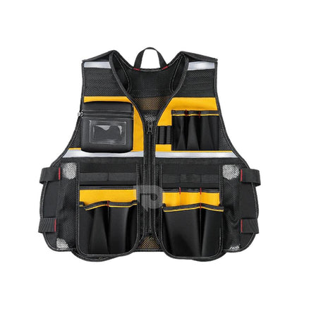 Black and yellow tool vest with multiple pockets on a white background