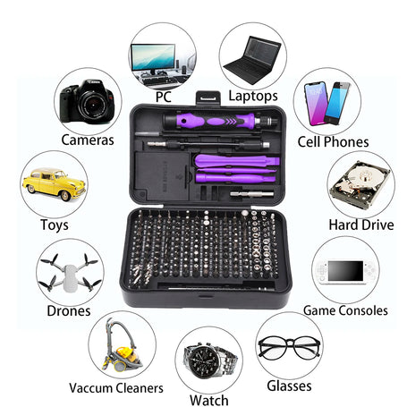 Black tool kit with various tools surrounded by icons of electronic devices and items.