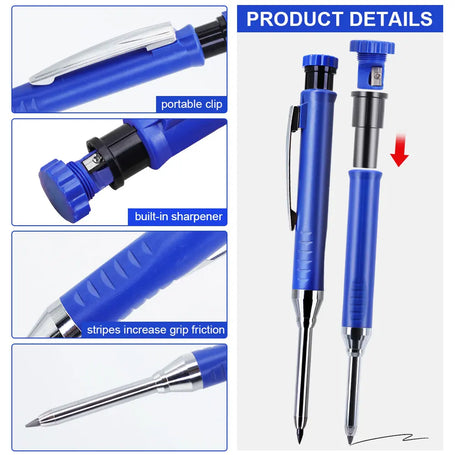 Blue pen with features highlighted on a white background