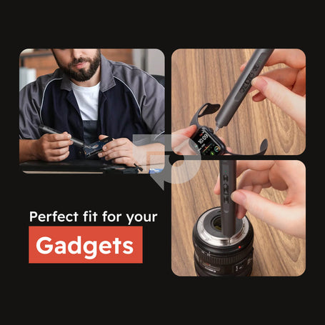Collage of a person using a tool on a laptop, a close-up of a tool being used, and a tool attached to a camera lens with text 'Perfect fit for your Gadgets'.
