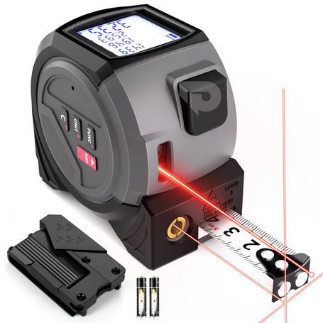 Digital tape measure with laser pointer and batteries on a white background