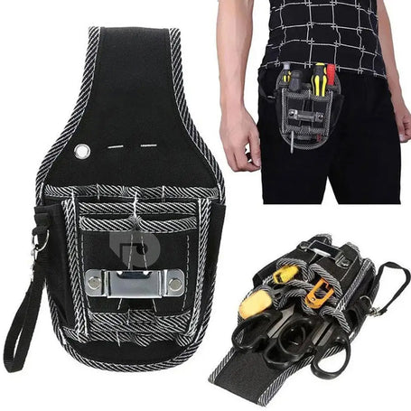An electrician's tool waist bag with multiple pockets and tools, worn by a person.