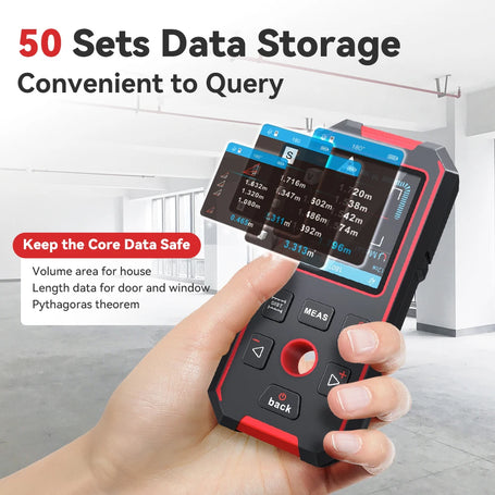 Hand holding a digital measuring device with screen displaying measurements, set against a blurred indoor background.